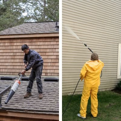 The image shows two people engaged in cleaning activities in Hardeeville, South Carolina. On the left, a person is using a power washer to clean the roof of a building. On the right, another person is using a garden hose to clean the siding of a house. Both individuals are dressed appropriately for their tasks, with the person on the left wearing a dark jacket and the person on the right wearing a yellow raincoat.